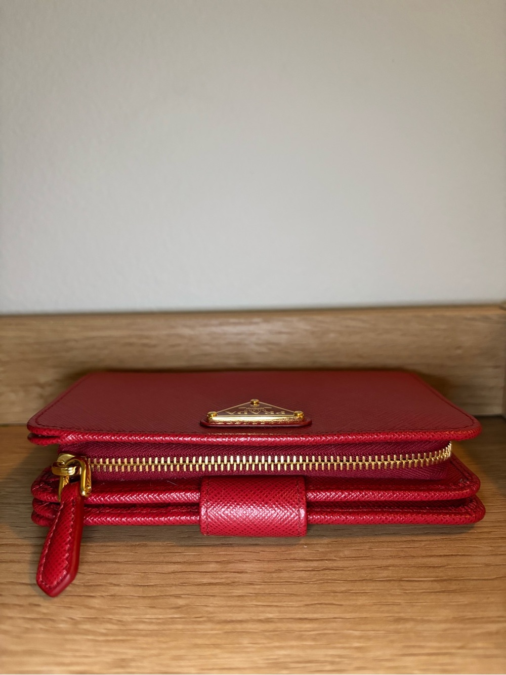 Prada Red Saffiano Compact Wallet with Gold Triangle Logo - Picture 6 of 11